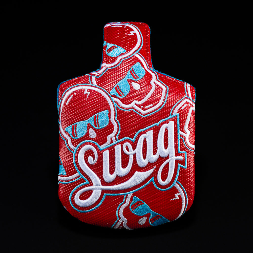 Red Swag Cola with blue and white mallet golf club headcover.