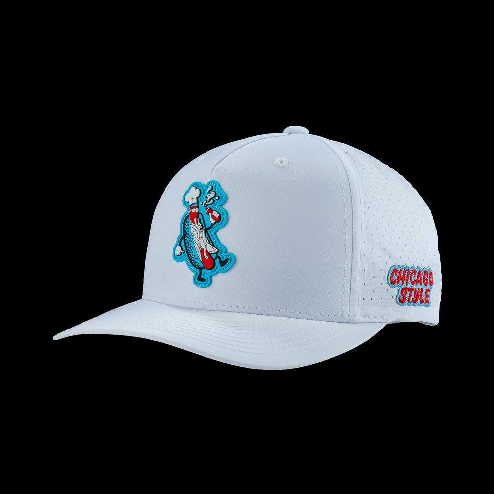 White performance golf hat with a Chicago style hot dog patch and 'Chicago Style' text on the side.