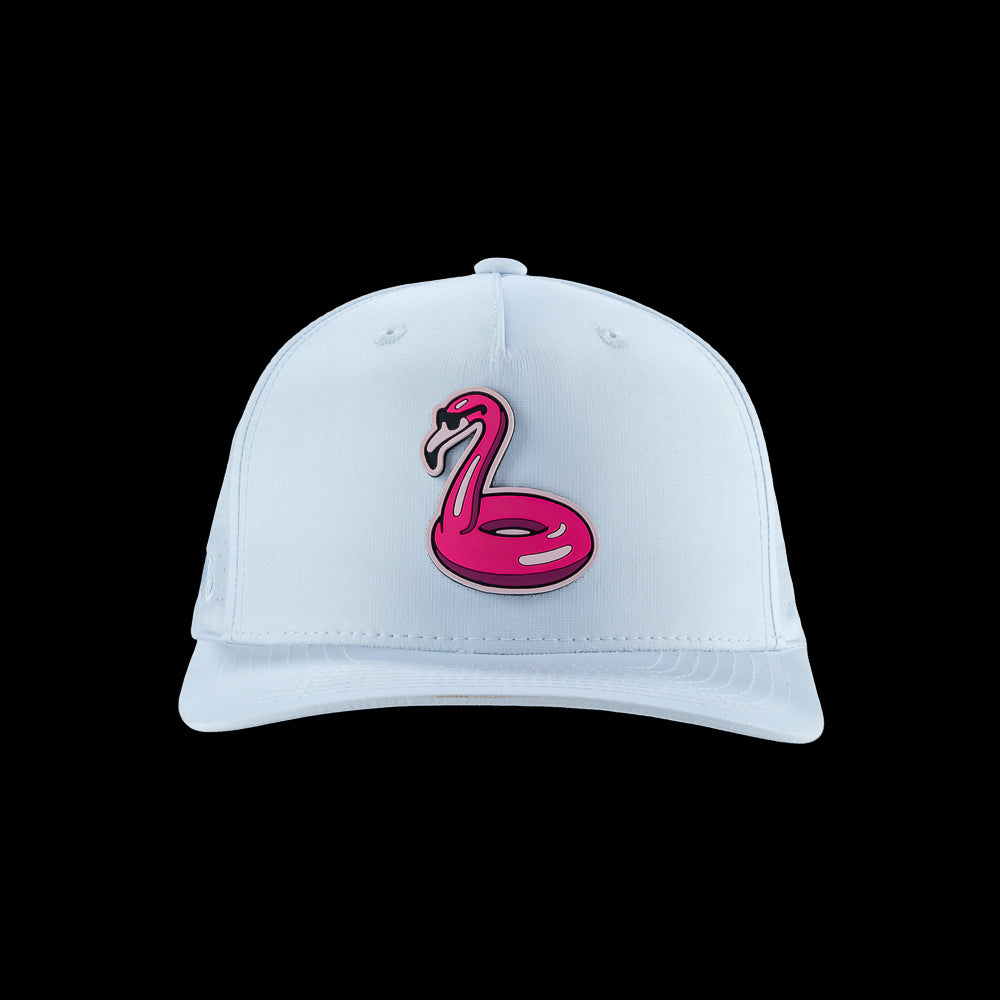 SWAG Golf men's golf hat with Flamingo floatie rubber patch on a white performance material.