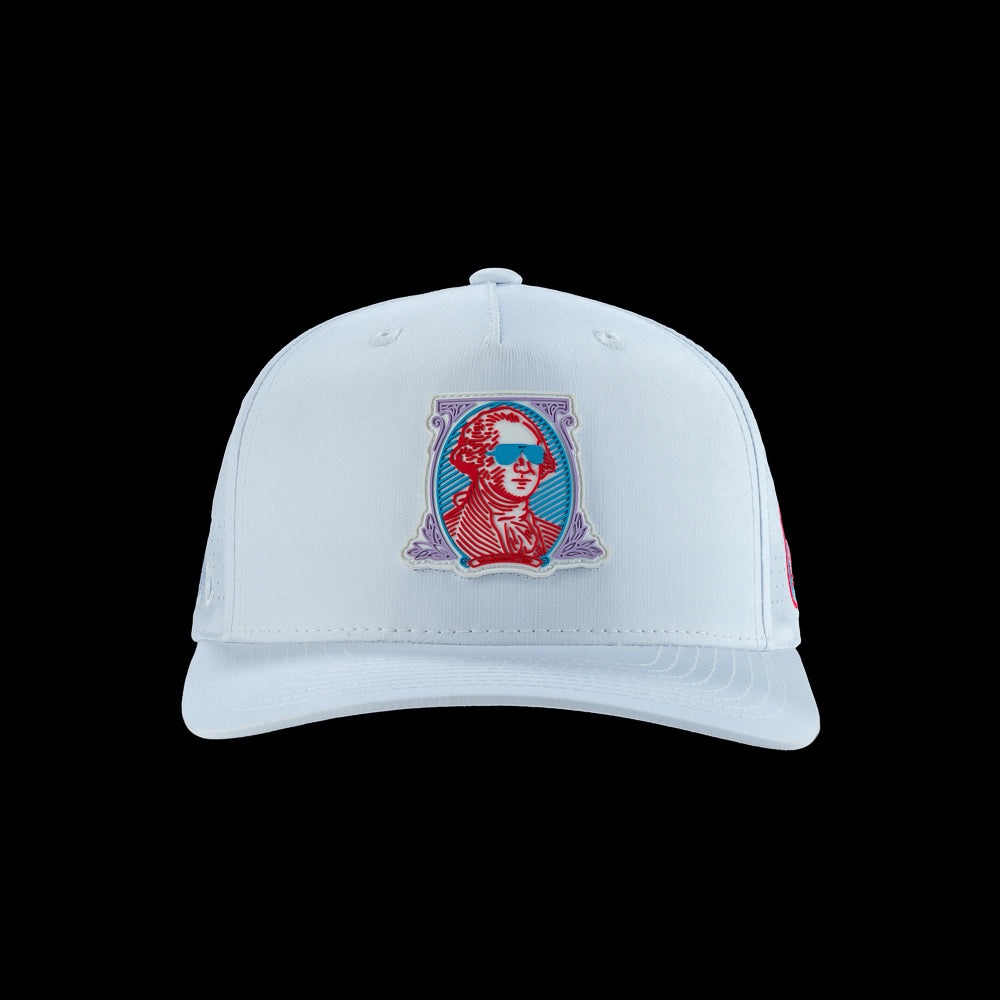 White men's golf cap with George Washington decorative rubber patch on a white background