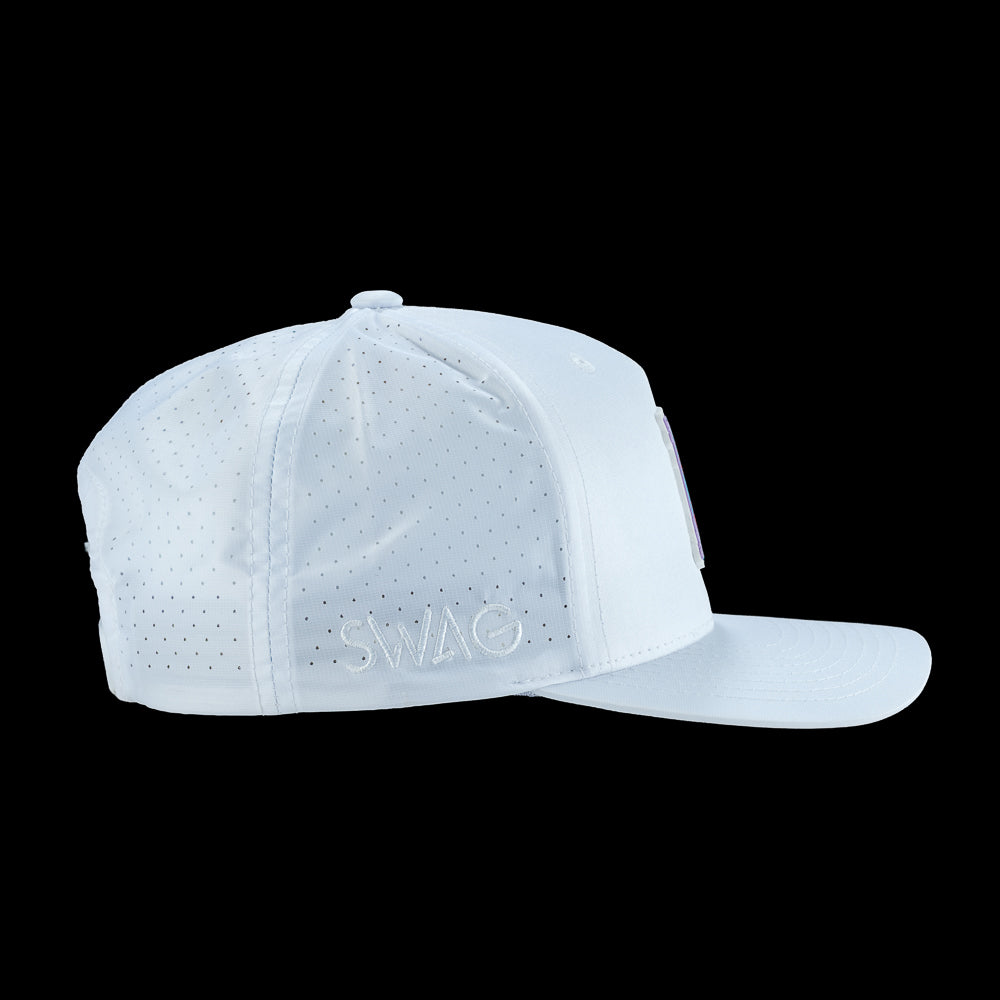 White men's golf cap with George Washington decorative rubber patch on a white background