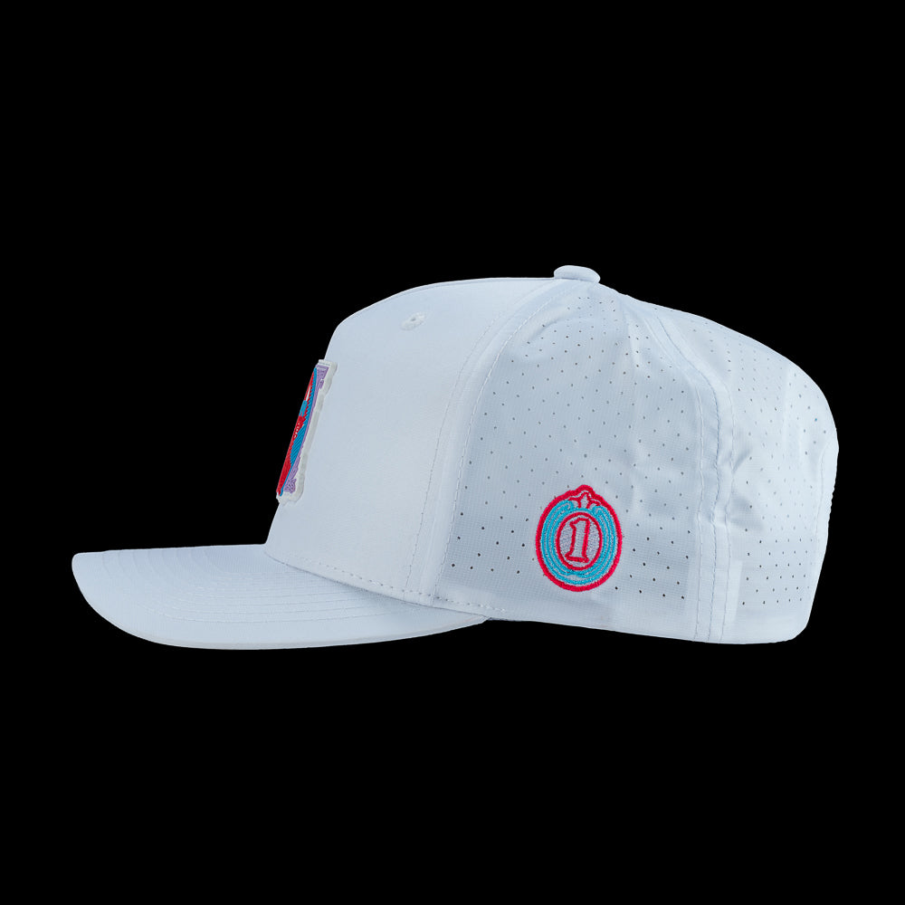 White men's golf cap with George Washington decorative rubber patch on a white background