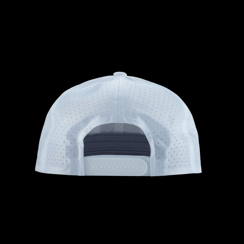 SWAG Golf white performance snapback golf hat with rubber SWAG pin high logo on the front.