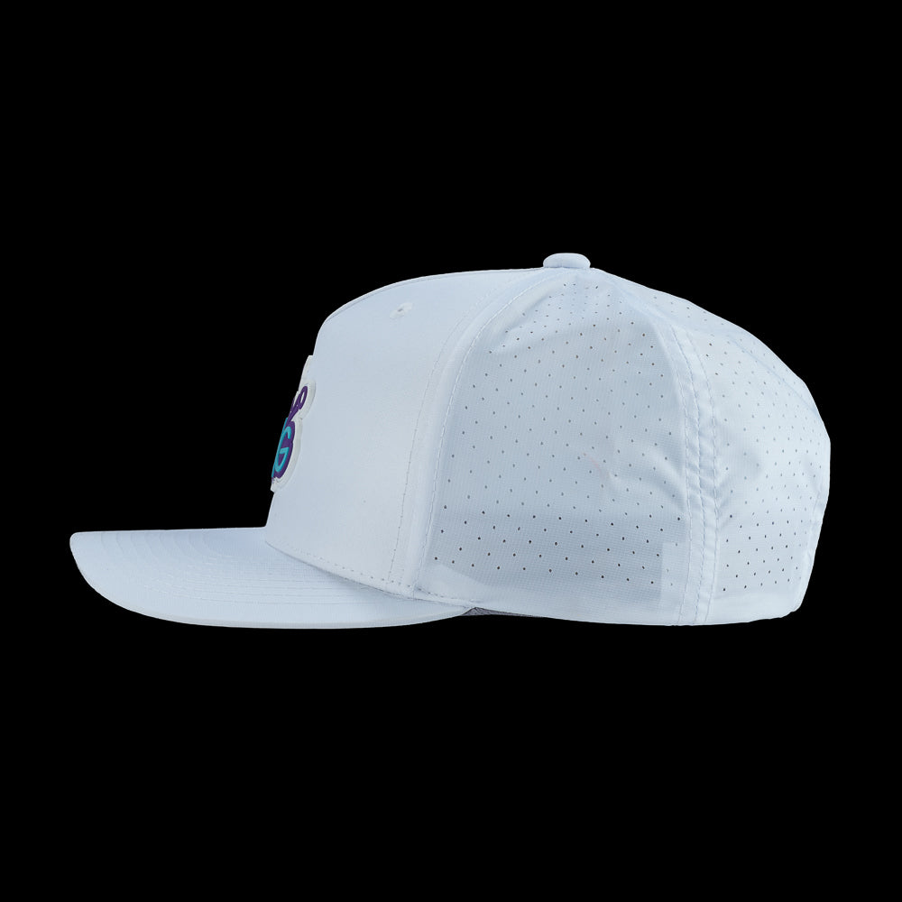 SWAG Golf white performance snapback golf hat with rubber SWAG pin high logo on the front.
