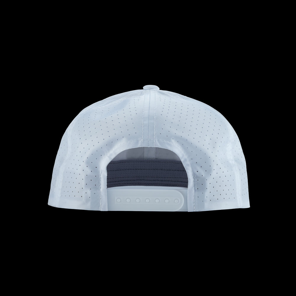 SWAG Golf white performance golf hat with pink SWAG cola script rubber patch logo on the front.