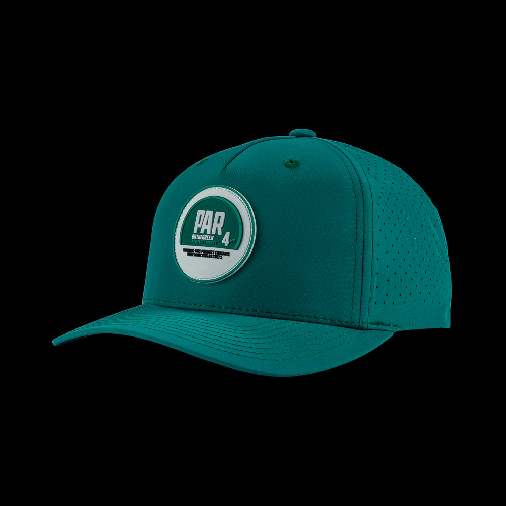 SWAG Golf green performance men’s golf hat with lip pillow rubber patch.