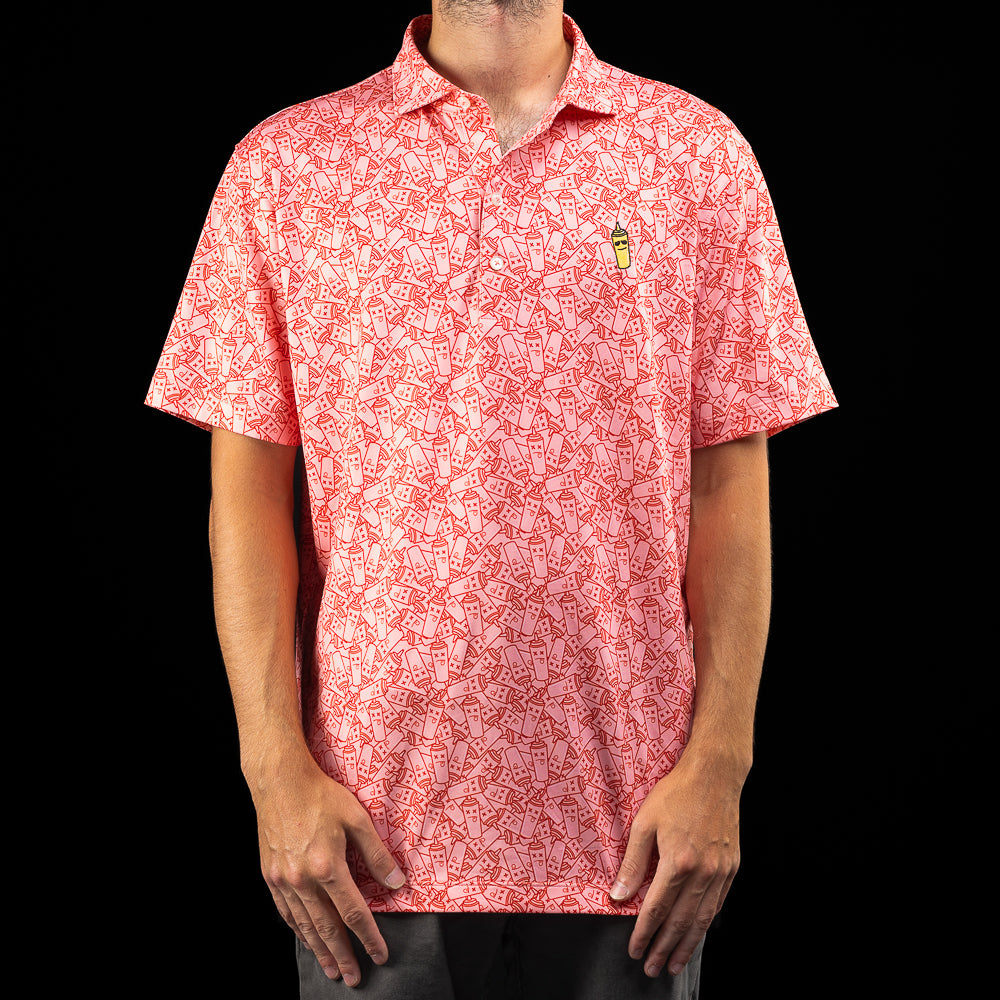 Johnnie-O x SWAG red no ketchup bottle printed men's short sleeve performance golf polo shirt.