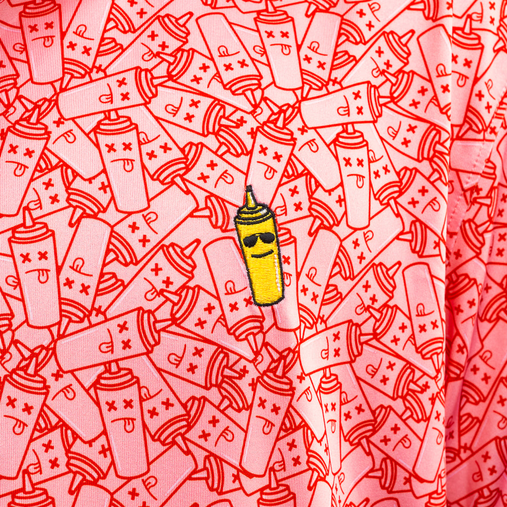 Johnnie-O x SWAG red no ketchup bottle printed men's short sleeve performance golf polo shirt.