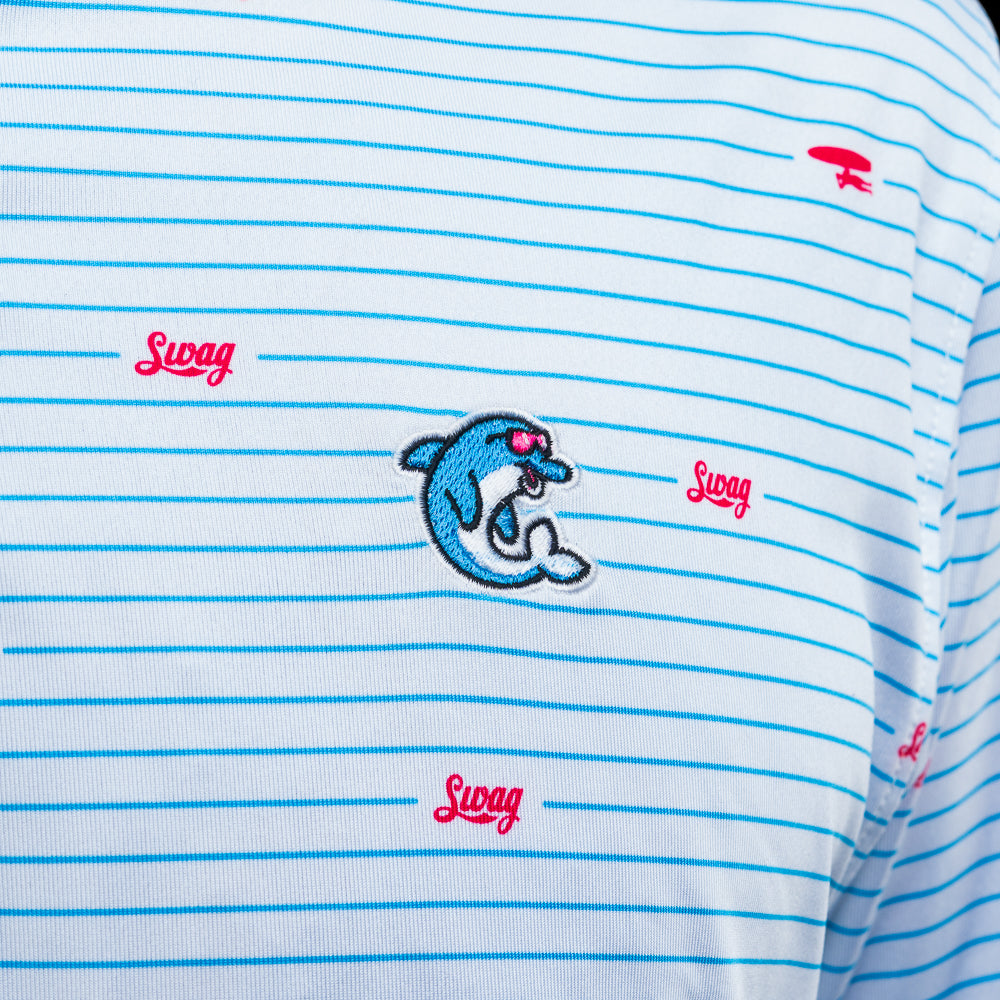 SWAG x Johnnie-O white and blue striped men's short sleeve performance golf polo shirt with red logo patterns.