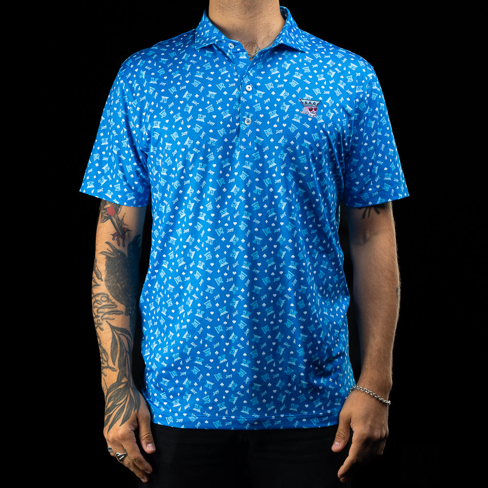 SWAG x Johnnie-O blue men's short sleeve performance golf polo with King and jack print.