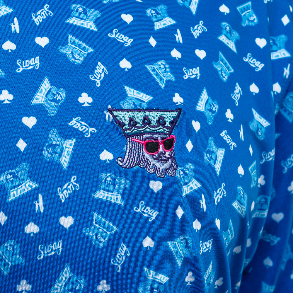 SWAG x Johnnie-O blue men's short sleeve performance golf polo with King and jack print.
