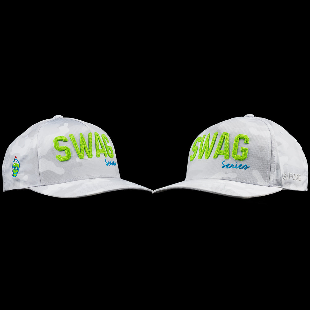 SWAG Series 2024 National Championship G/Fore flexfit white and grey camo golf hat with neon green letters.