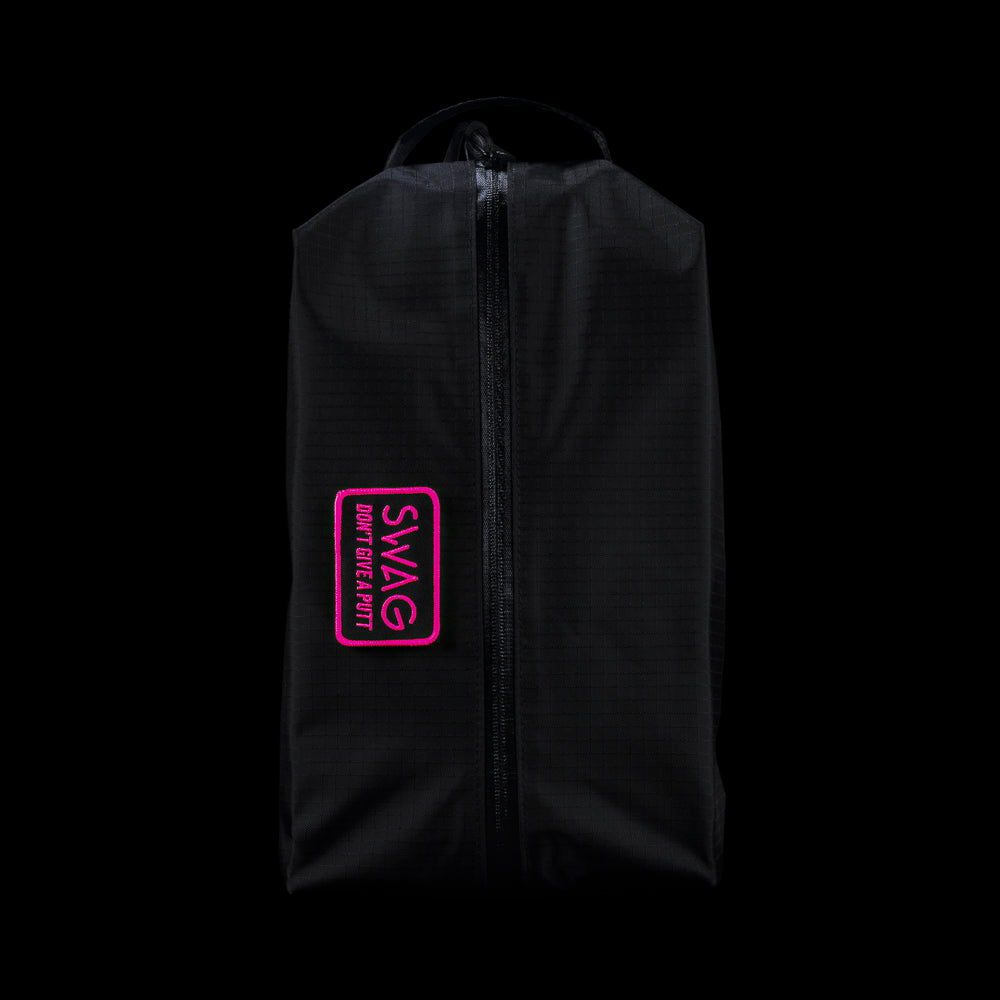 SWAG Golf black nylon travel shoe bag with removable Velcro patch.