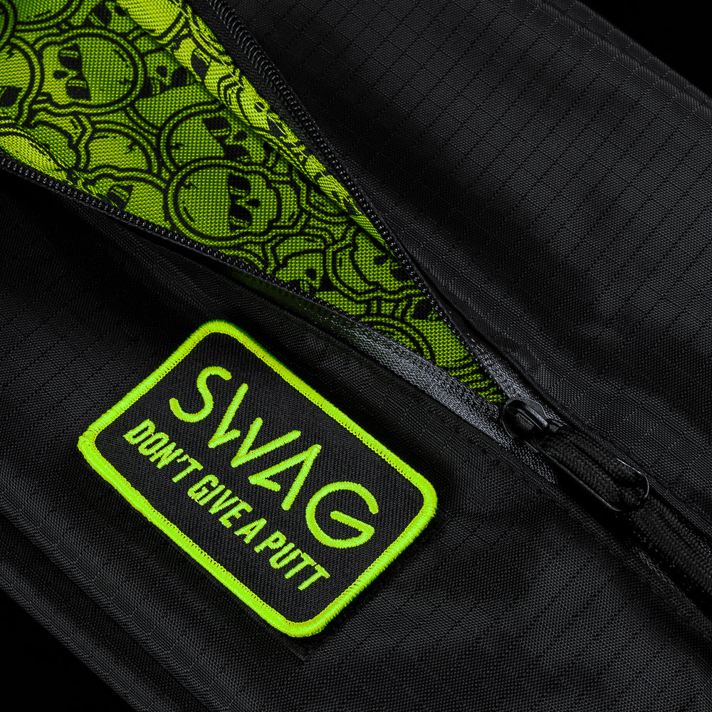 SWAG Golf black nylon travel shoe bag with removable Velcro patch.