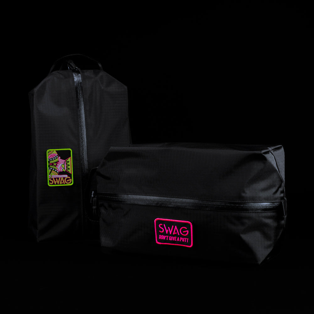 SWAG Golf black nylon travel shoe bag with removable Velcro patch.