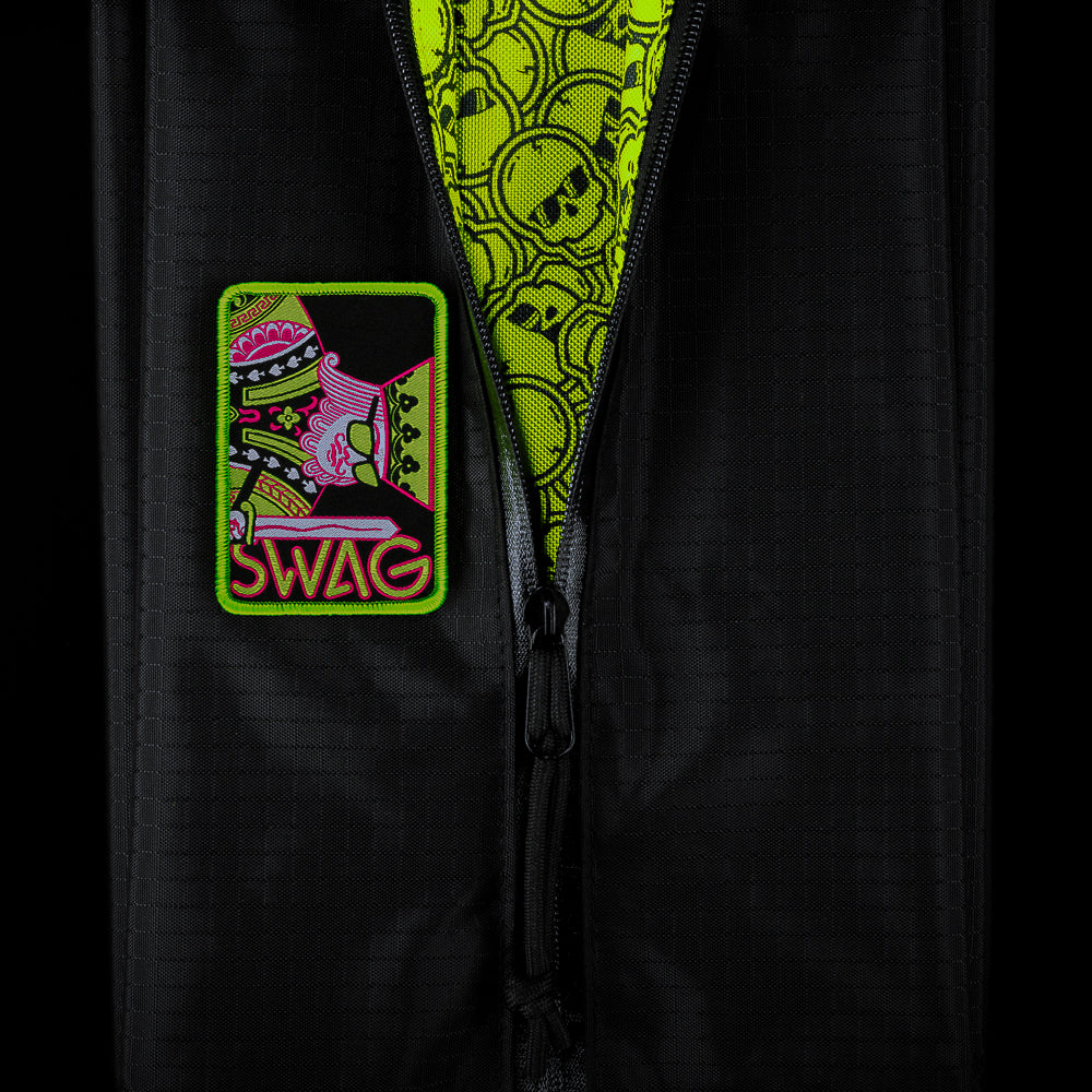 SWAG Golf black nylon travel shoe bag with removable Velcro patch.
