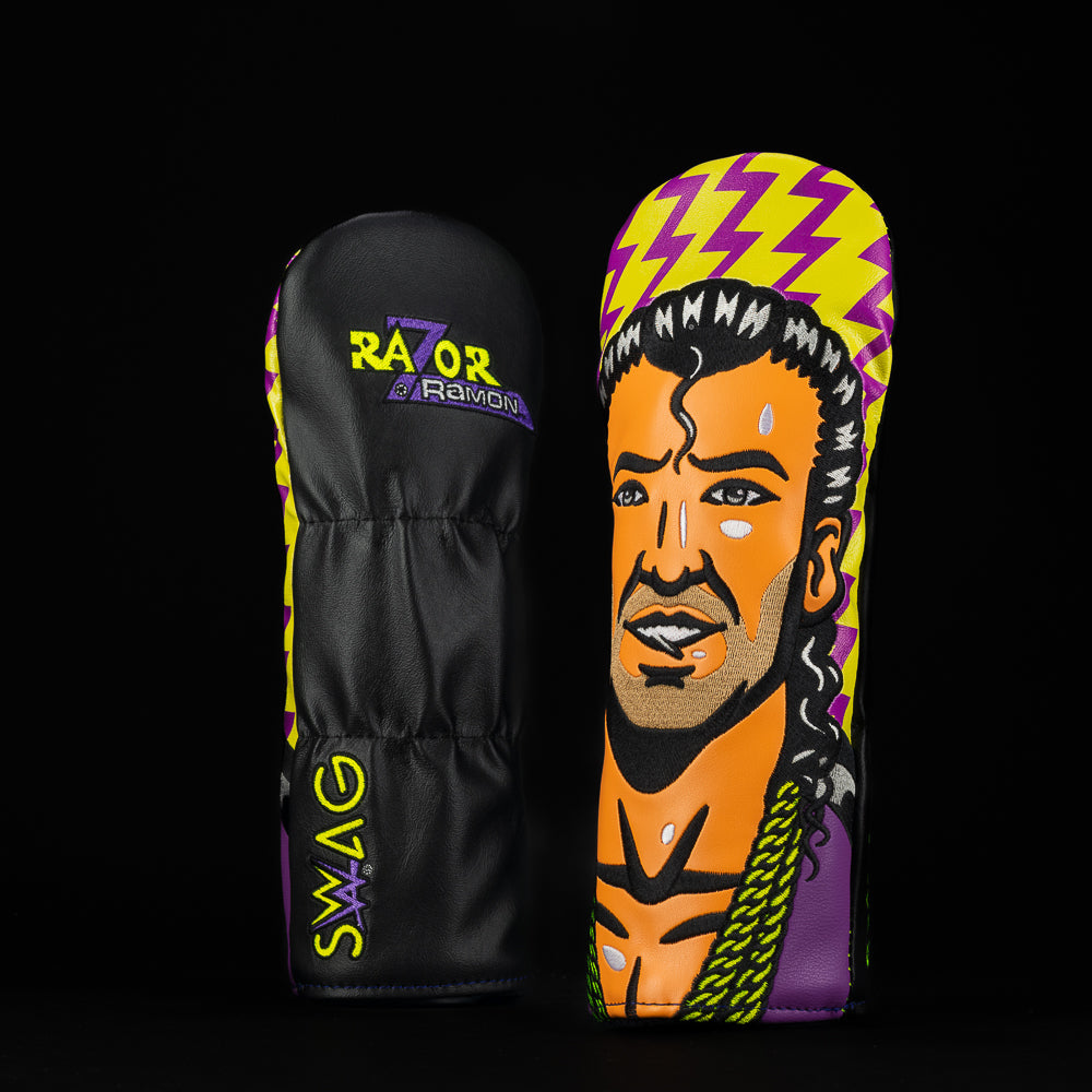 WWE official Razor Ramon headshot black, yellow, and purple fairway wood golf headcover.