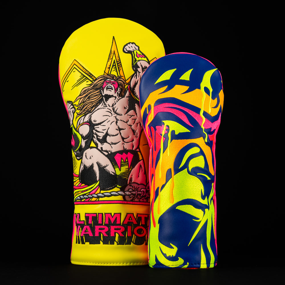 WWE x SWAG Golf official The Ultimate Warrior neon yellow and pink driver and fairway wood golf headcover set.