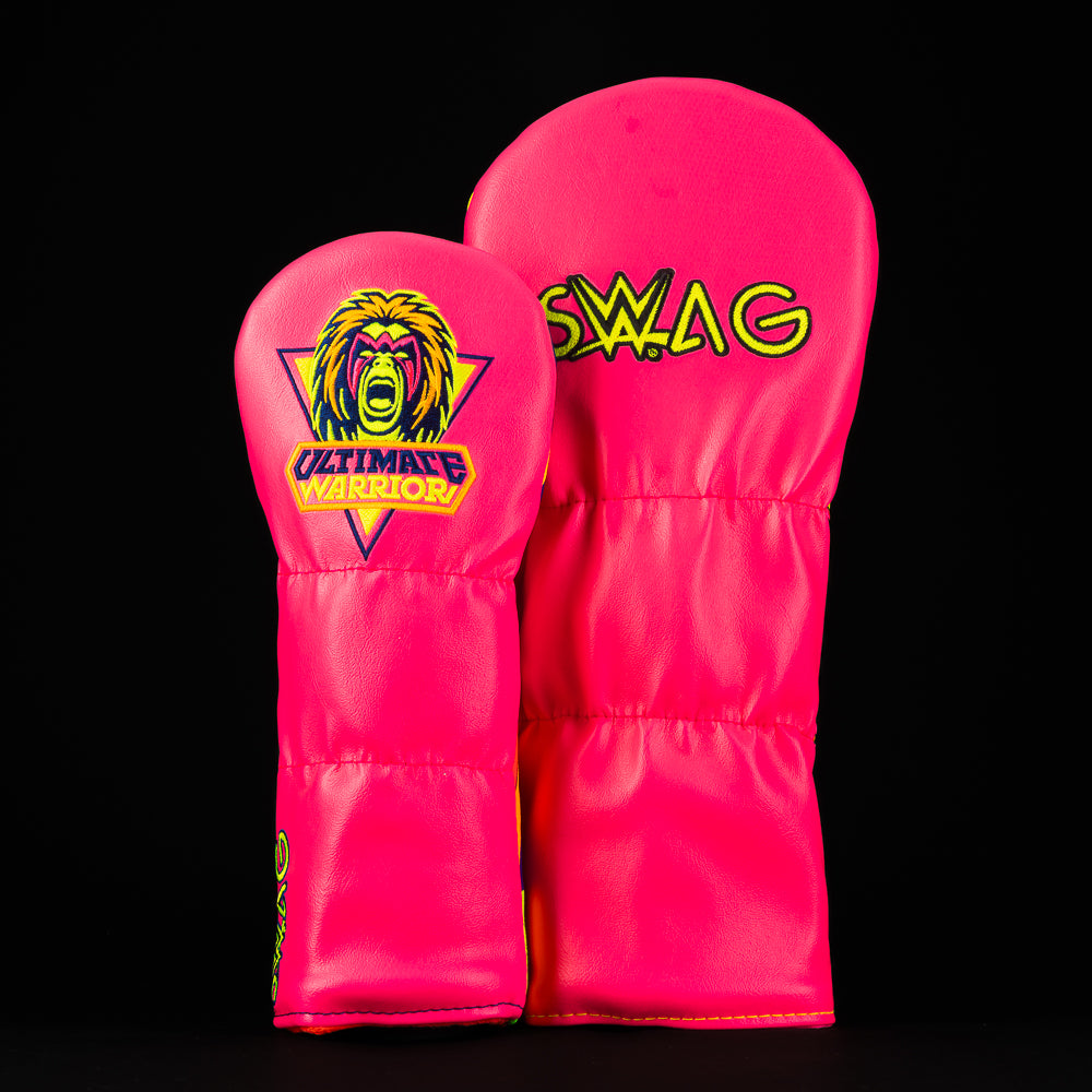 WWE x SWAG Golf official The Ultimate Warrior neon yellow and pink driver and fairway wood golf headcover set.