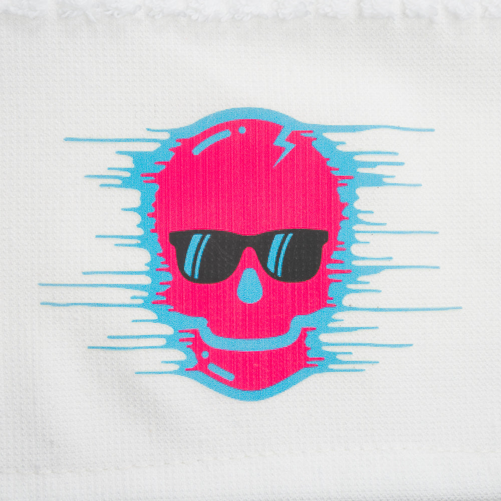 White towel with colorful stripes and 'SWAG' branding on a black background