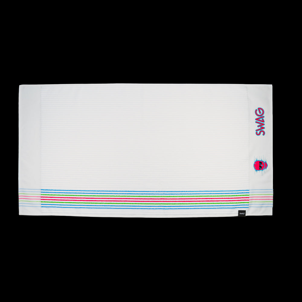 White towel with colorful stripes and 'SWAG' branding on a black background
