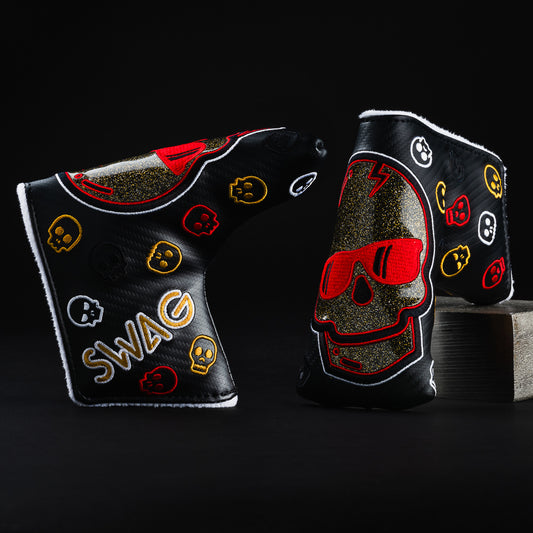 Swag black, red, and gold sparkle blade putter golf head cover made in the USA.