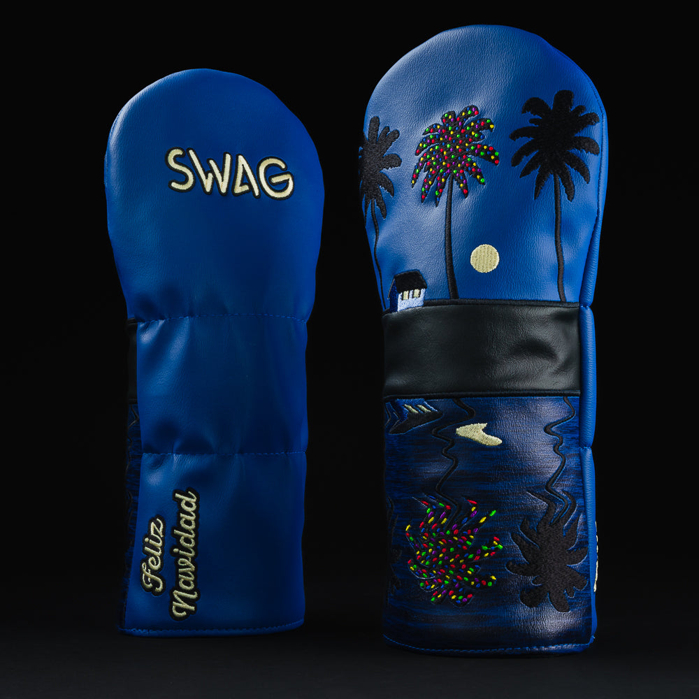 Feliz Navidad blue and black beach themed driver golf headcover.