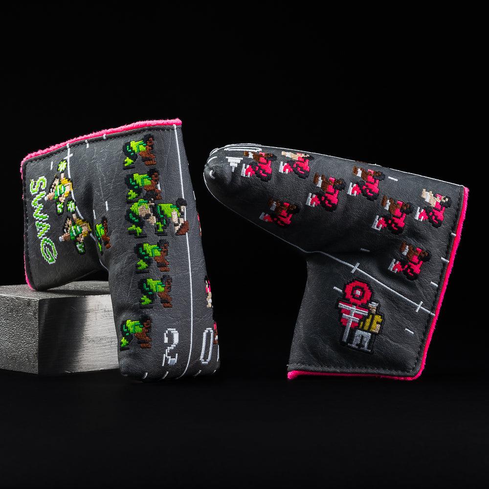 Swagmo Bowl football video gamed themed black, neon pink and green blade putter golf head cover.