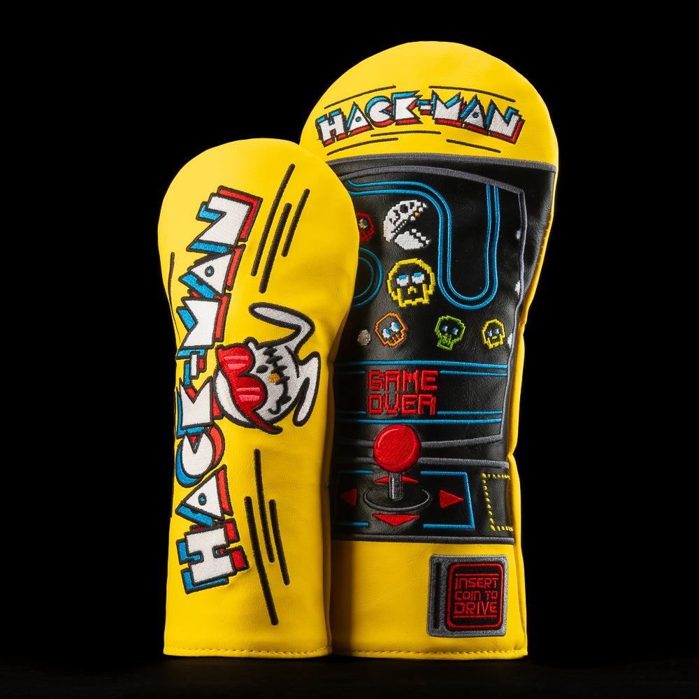 SWAG Hack-man video gamed themed two piece yellow golf headcover set including one driver and one fairway wood. Made in the USA.