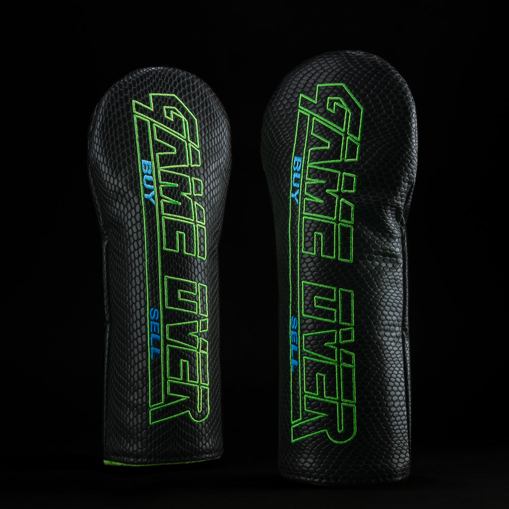 SWAG Golf Solid Game Over video game themed black and neon green fairway wood golf headcover made in the USA.