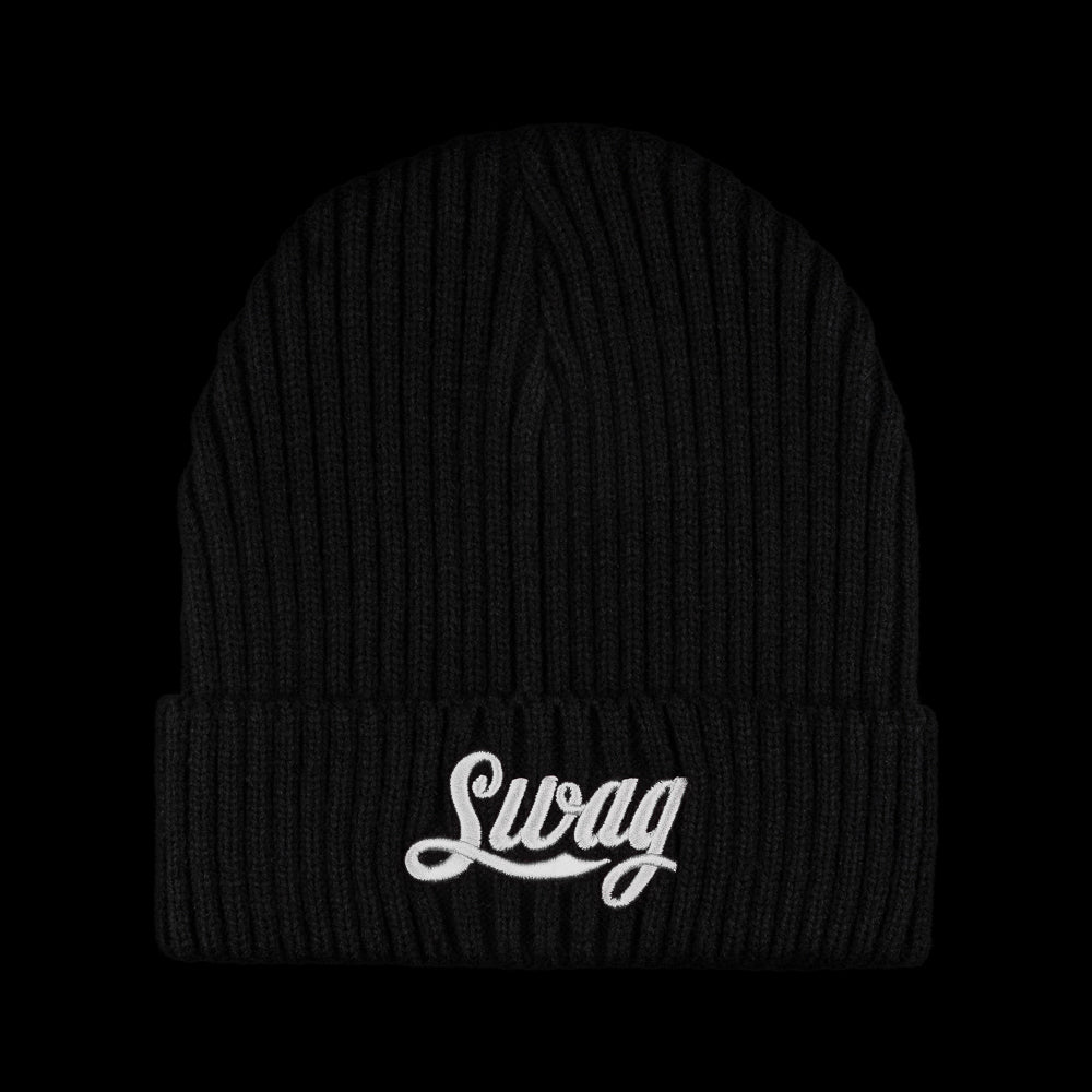 SWAG Golf cola script white and black ribbed knit beanie.