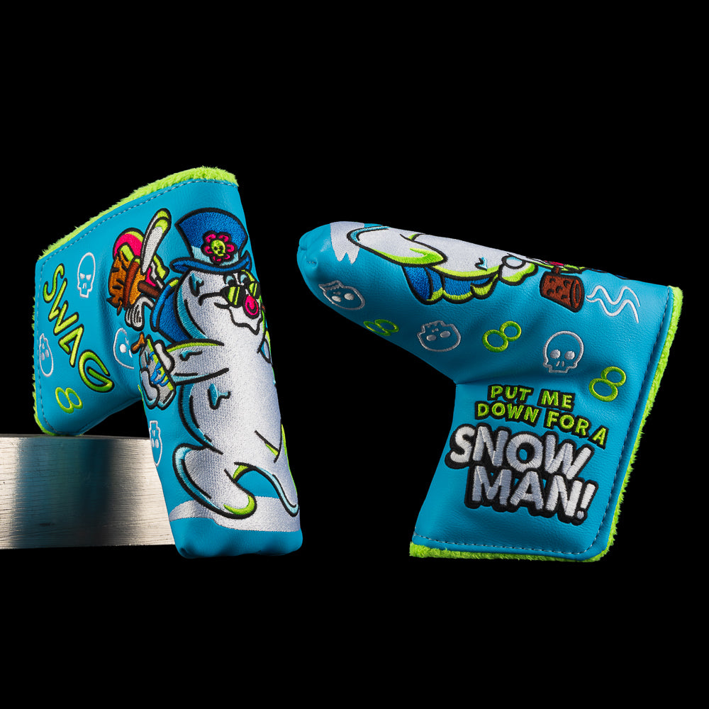 Blue blade cover featuring cool snowman with sunglasses, scarf, and holiday graphics. includes "put me down for a snowman!" bold embroidery.