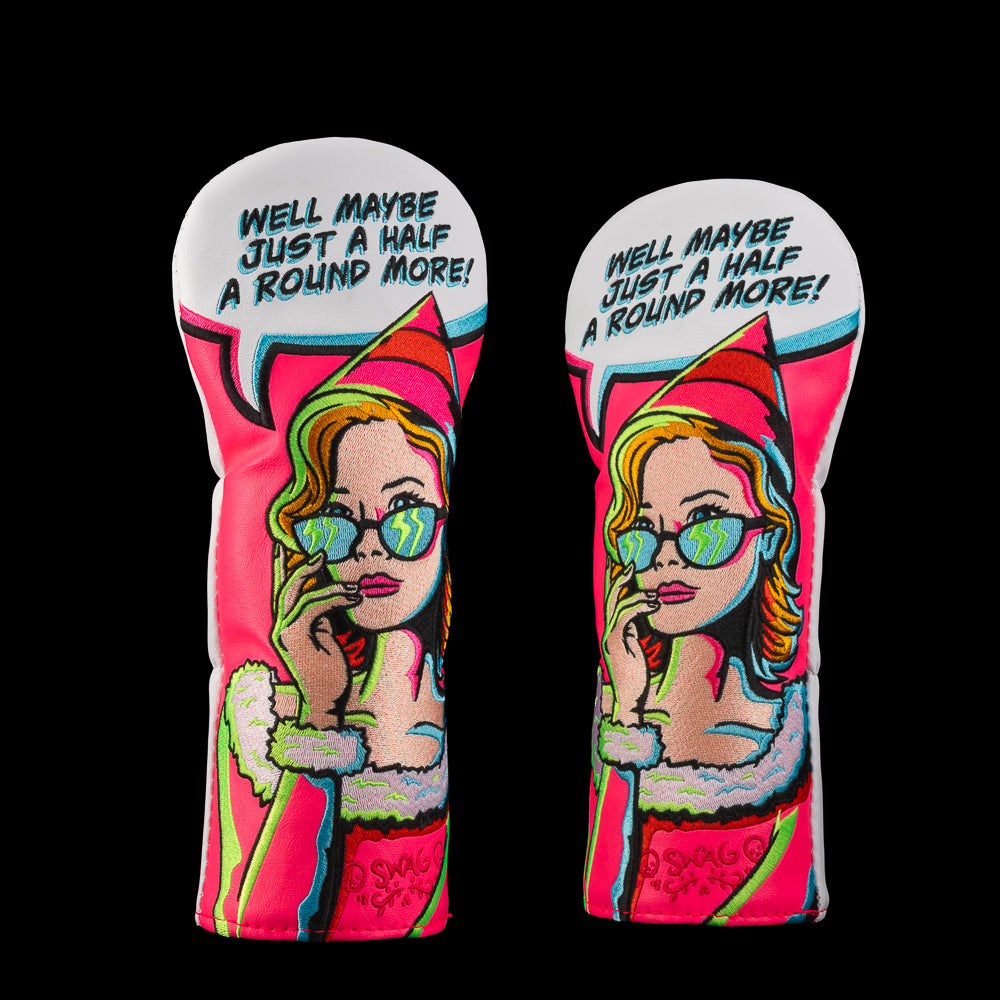 Pop-art woman in red holiday outfit saying “Well maybe just a half a round more…” on bold red background.