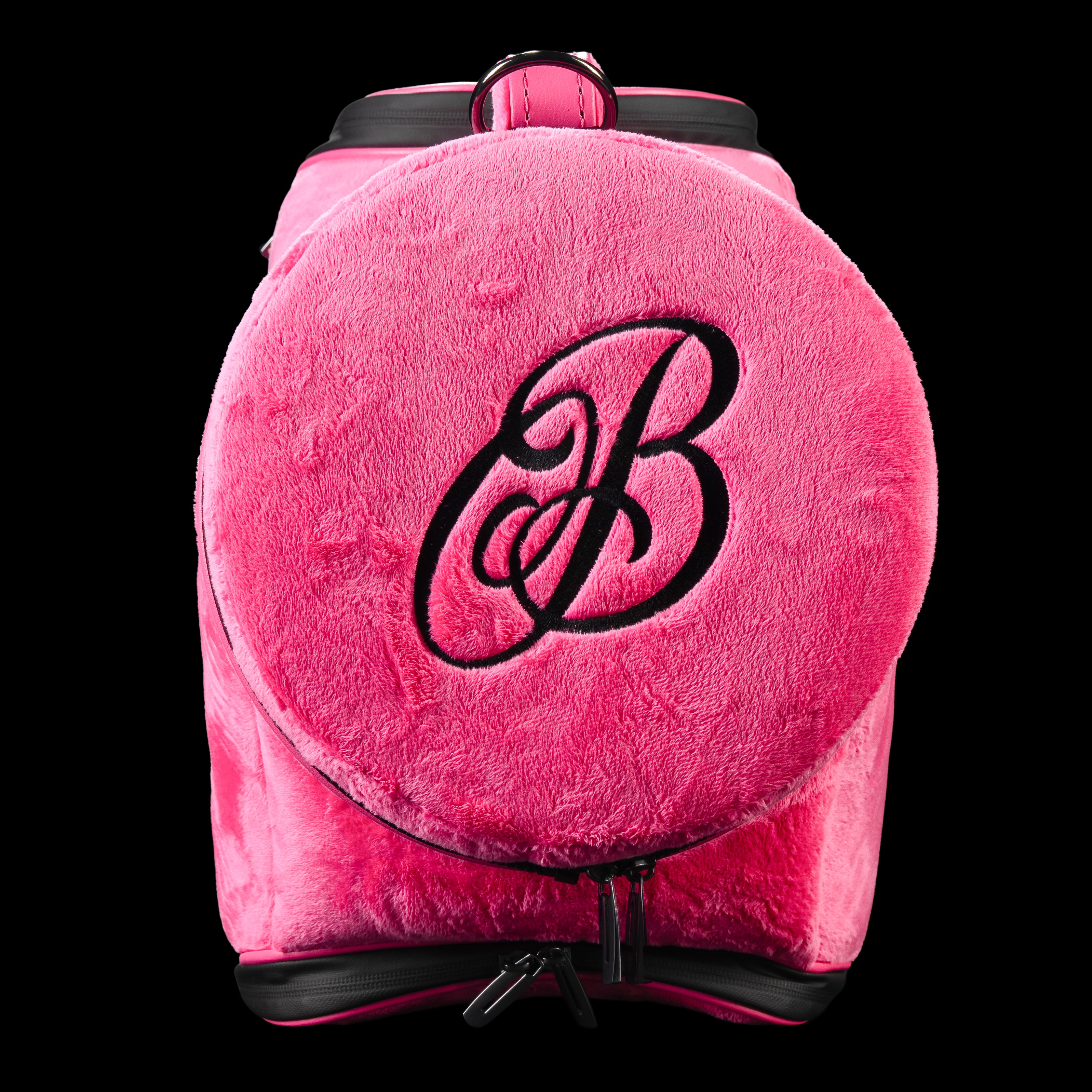 Back view of pink plush SWAG Golf den caddy cooler with round zip pocket and black embroidered script B logo.