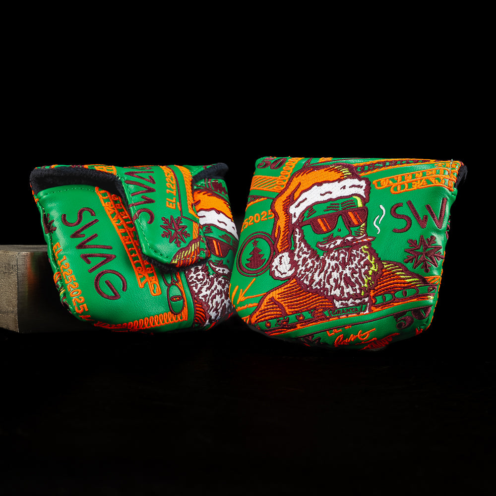 Holiday Grant-a mallet cover featuring Grant in a Santa hat with red-green $50 bill-style artwork.