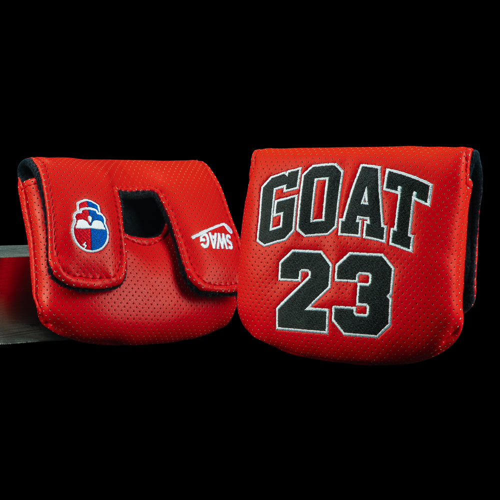 Red jersey-inspired mallet cover with bold “GOAT 23” graphic, SWAG logo, and half red half blue upside down skull.