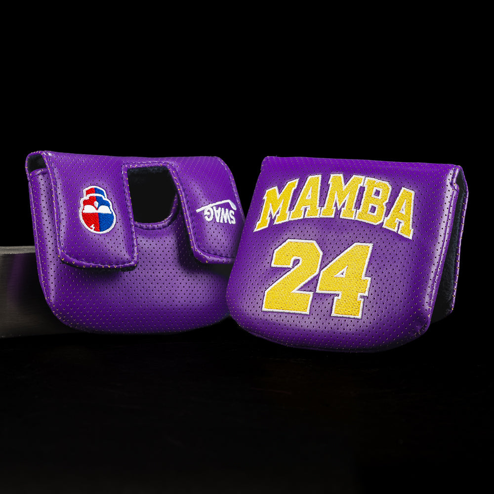 Purple jersey-inspired mallet cover with bold “MAMBA 24” graphic, yellow lettering, SWAG logo, and upside down red and blue skull.