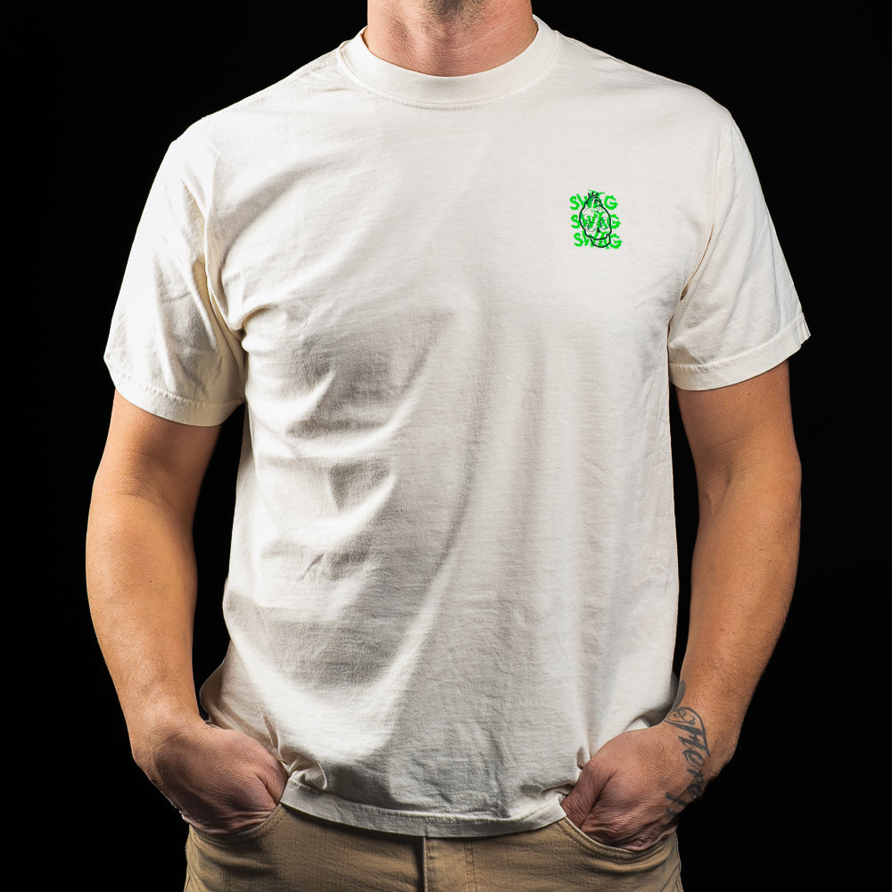 SWAG Golf Mean One skull beige short sleeve graphic print t-shirt with SWAG wordmark and Mean One skull on the back.