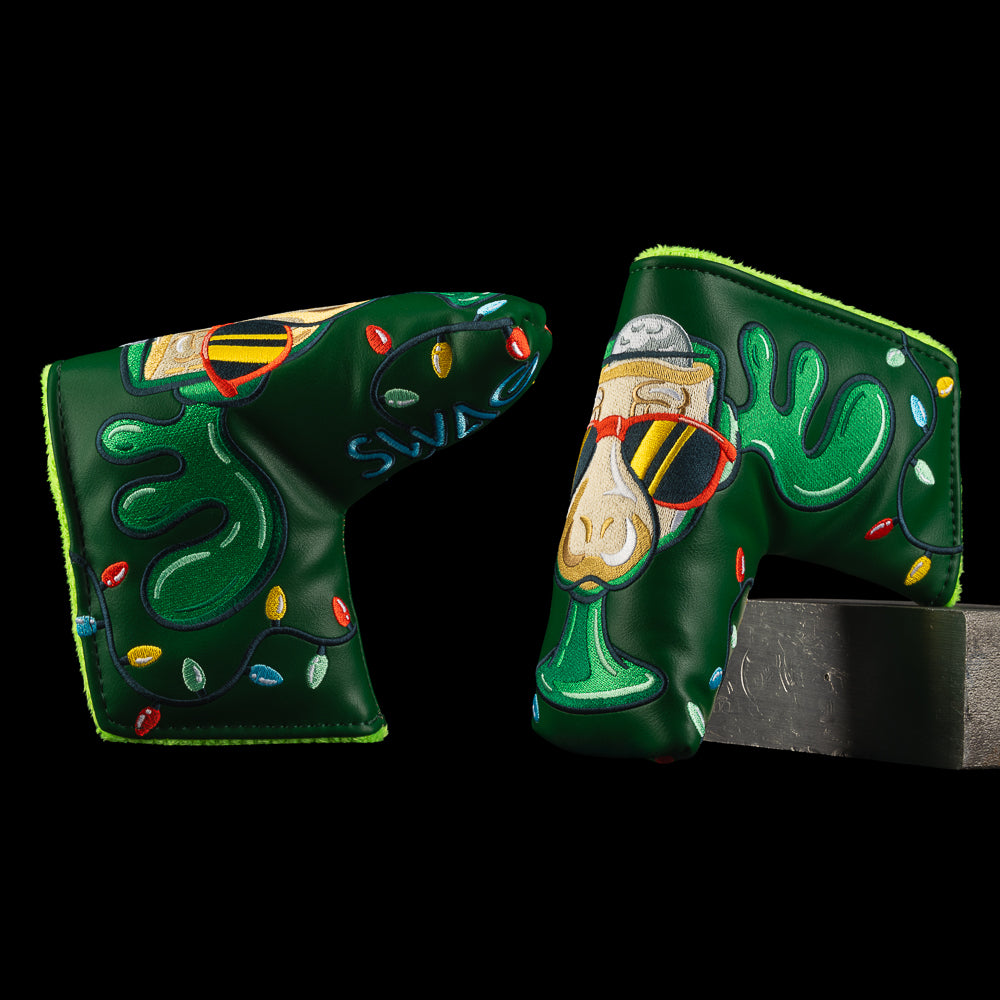 Dark green blade cover featuring Moose Mug graphic with antlers, sunglasses, and holiday lights.