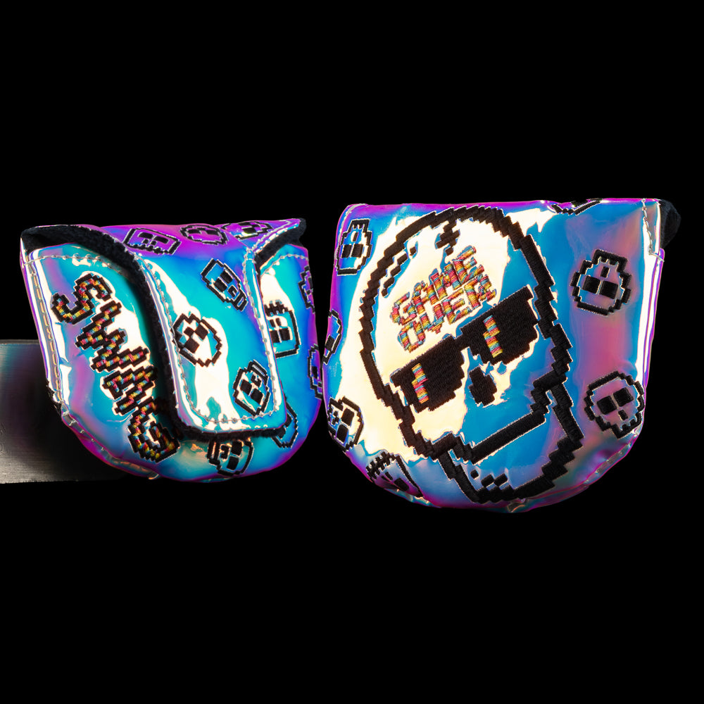 Pearlescent boss mallet cover featuring pixel skull graphic, rainbow fade, and scattered mini icons. Featuring "GAME OVER" pixel quote.