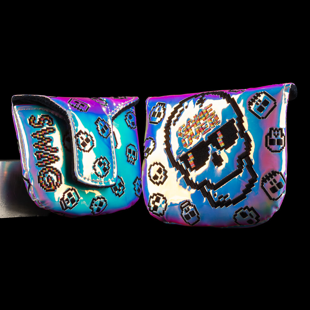 Pearlescent mallet cover with pixel skull "GAME OVER" quote, multicolor gradient, and scattered mini icon graphics.