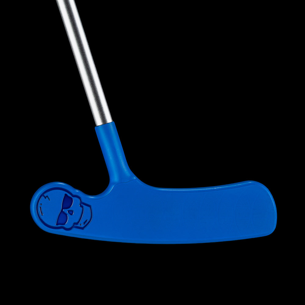 Back view of the blue Putt-Putt Squirt blade putter highlighting the smooth blue finish and engraved skull heel weight.