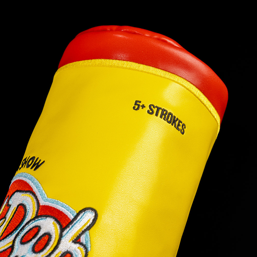 Yellow Putt-4-Doh Barrel Fairway Cover with red top, featuring the embroidered “+5 Strokes” detail.