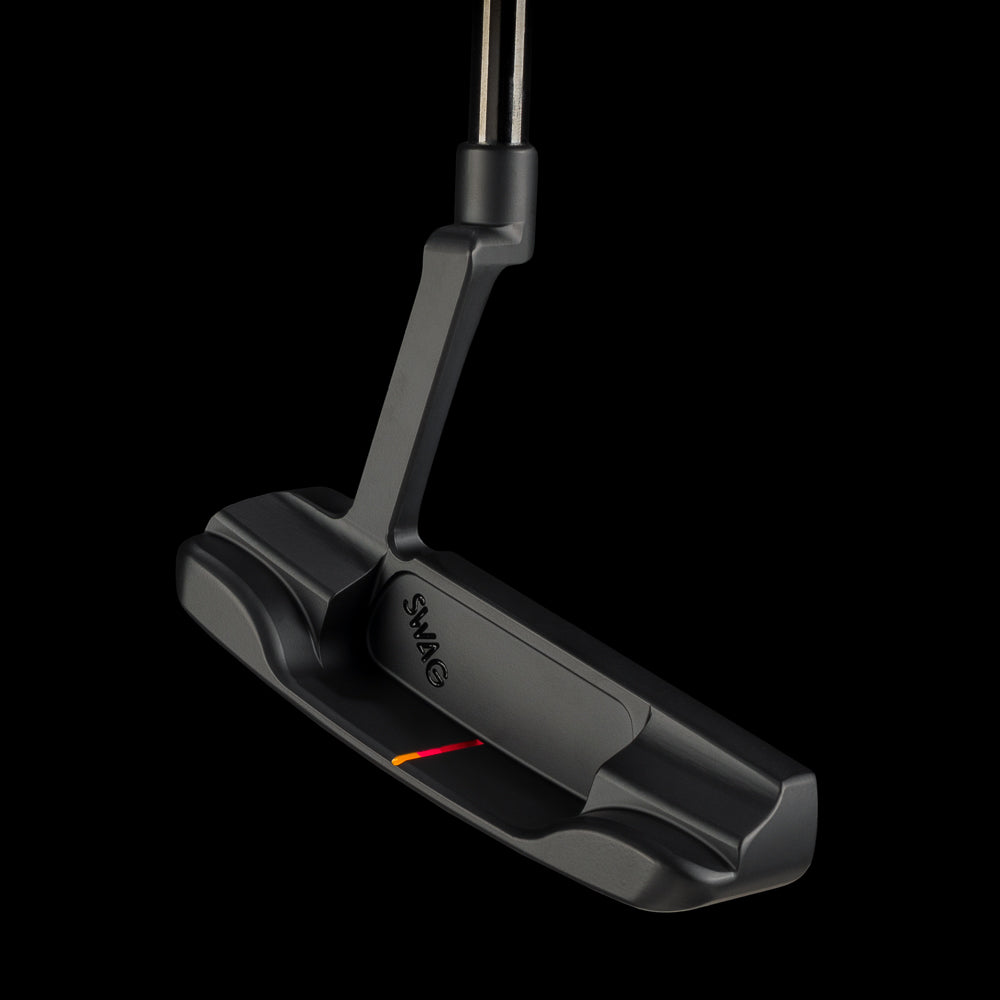 SWAG Golf Sherbet stacked royalty black cerakote finish limited edition right handed golf putter with handpainted neon orange, purple, red, and orange accents. Includes a headcover.