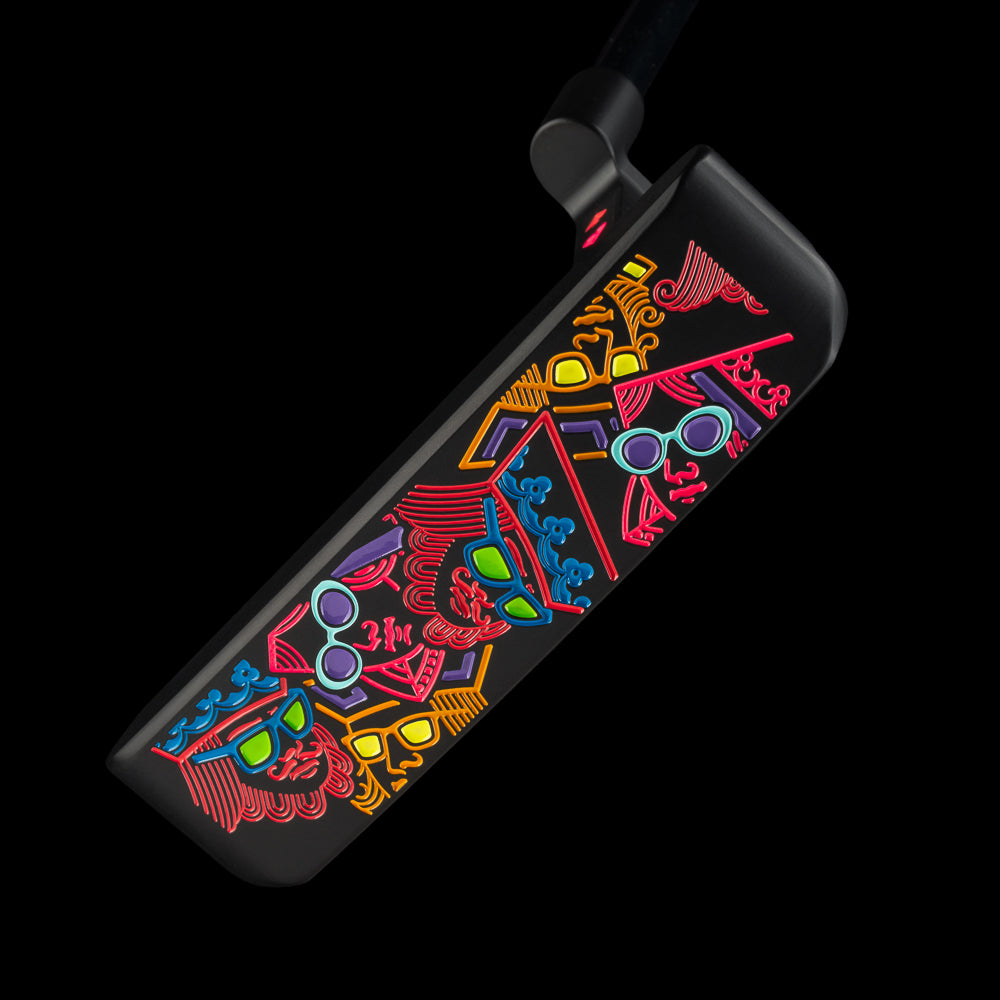 SWAG Golf Sherbet stacked royalty black cerakote finish limited edition right handed golf putter with handpainted neon orange, purple, red, and orange accents. Includes a headcover.
