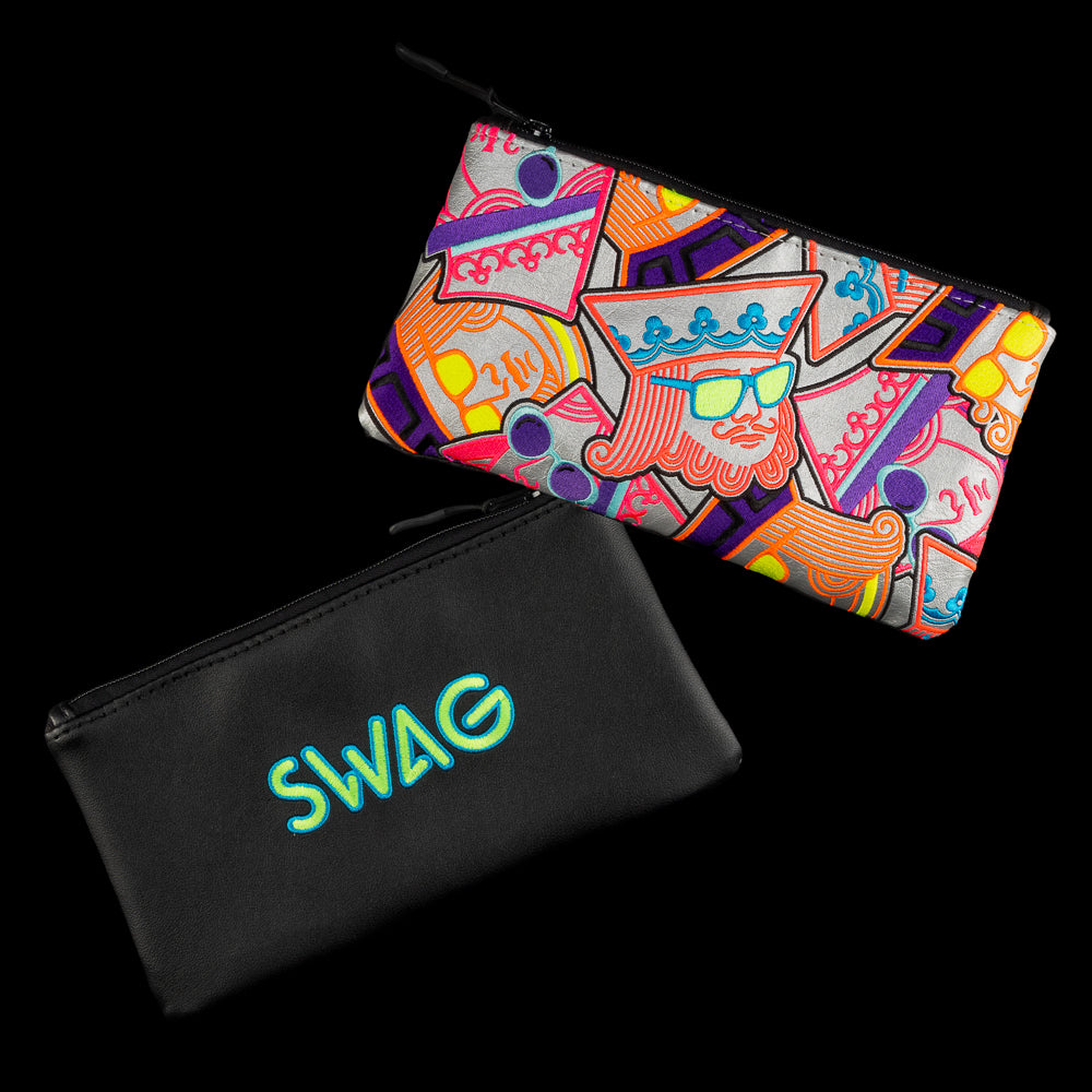 Valuables pouch featuring pastel sherbet-colored stacked royalty artwork on front and black back with neon SWAG logo.