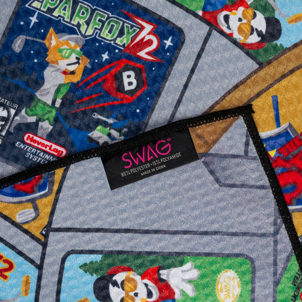 Close up of the Stacked Cartridges Towel with SWAG Golf tag.