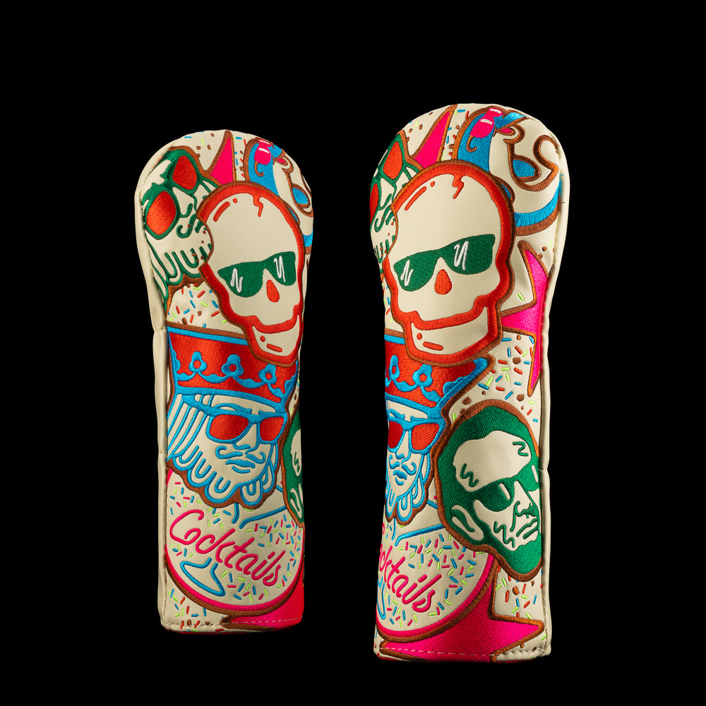 Festive SWAG Golf fairway headcovers with skull cookie graphics and colorful holiday icing designs.