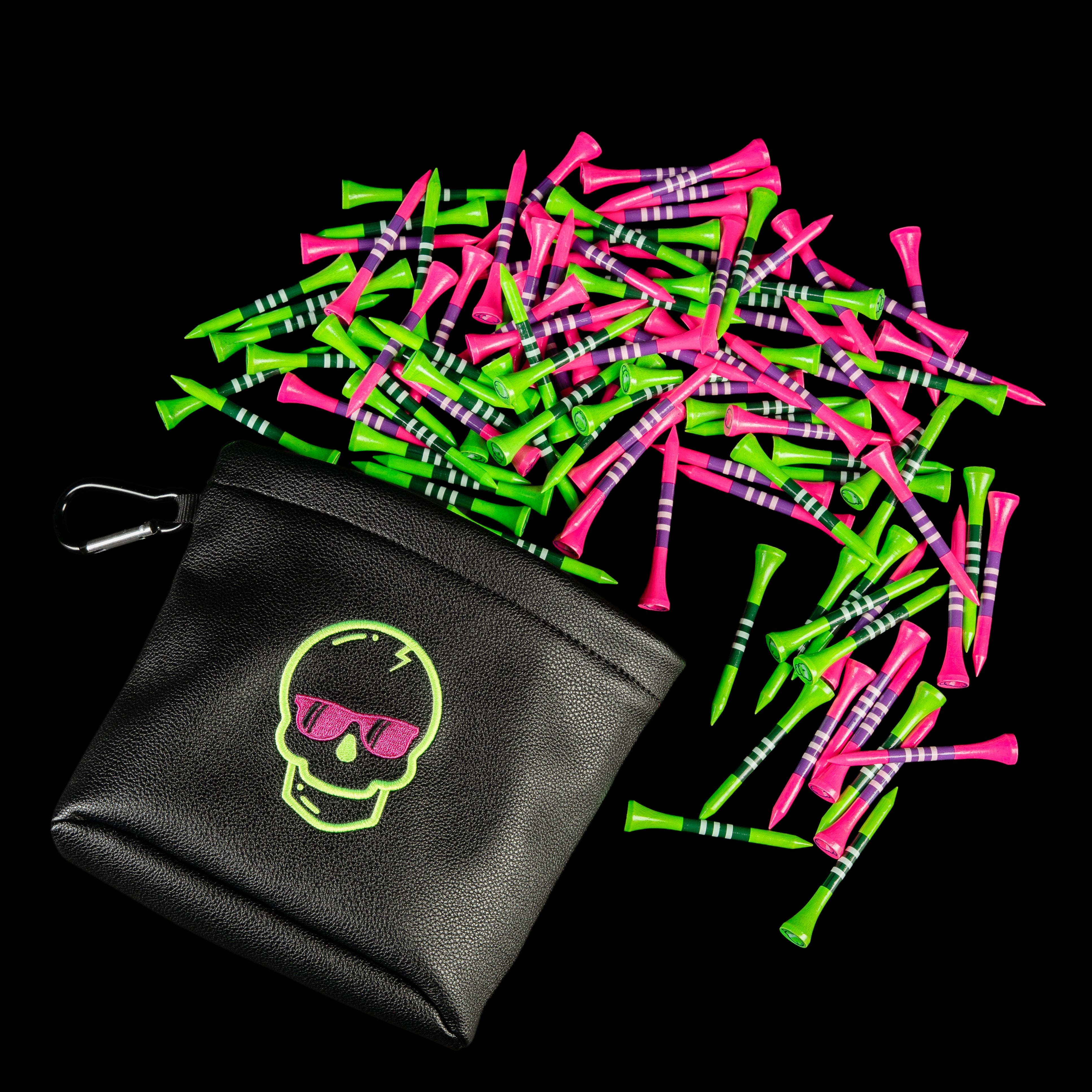Black tee pouch with neon skull graphic and 100 neon green and pink matching SWAG wooden golf tees.