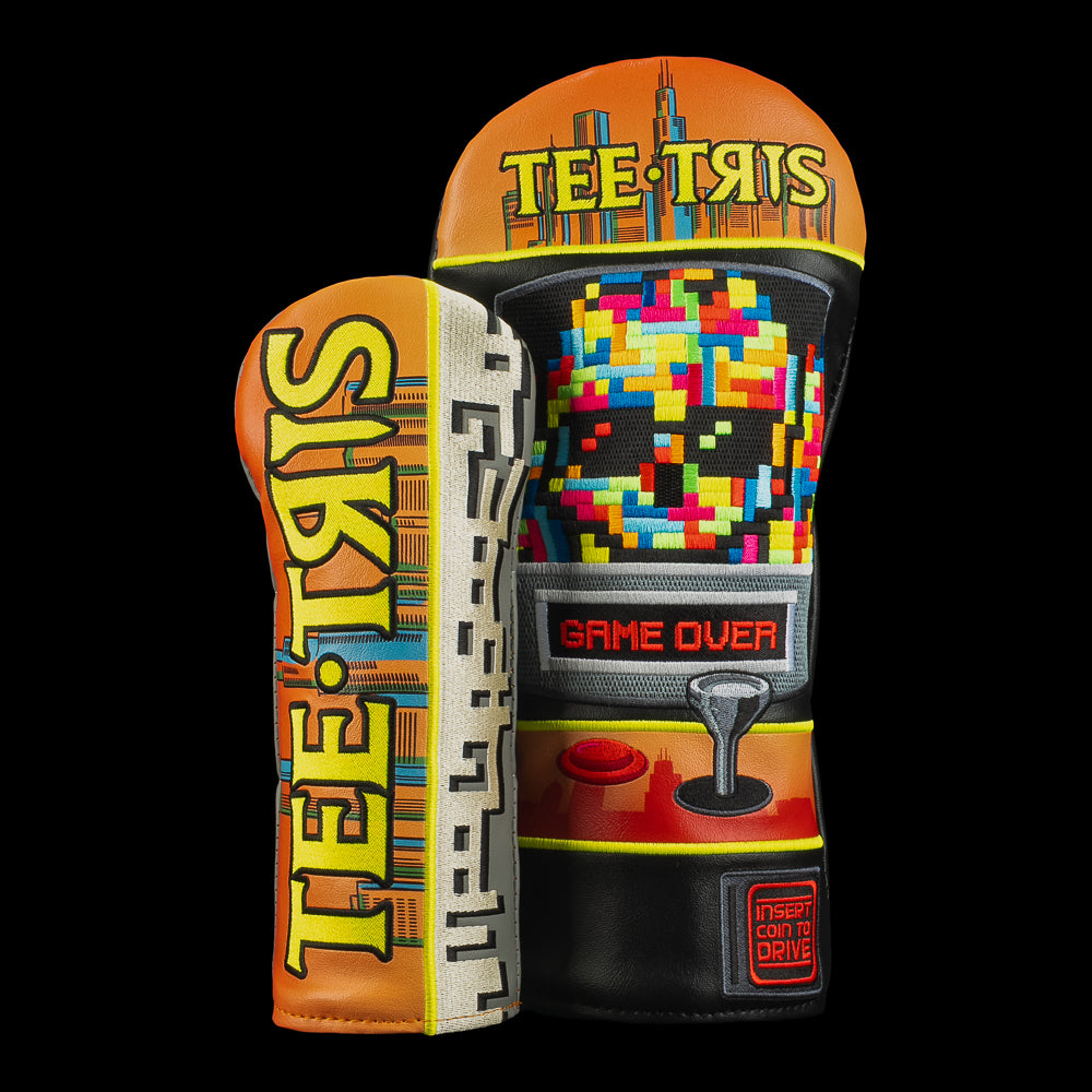 Retro arcade–inspired driver and fairway covers with bright pixel screen, “Game Over” art, and bold SWAG details.